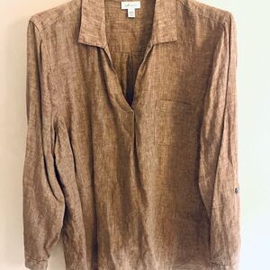 J Jill Love Linen Top Women’s 2X Brown Long Sleeve Popover Minimalist Pocket